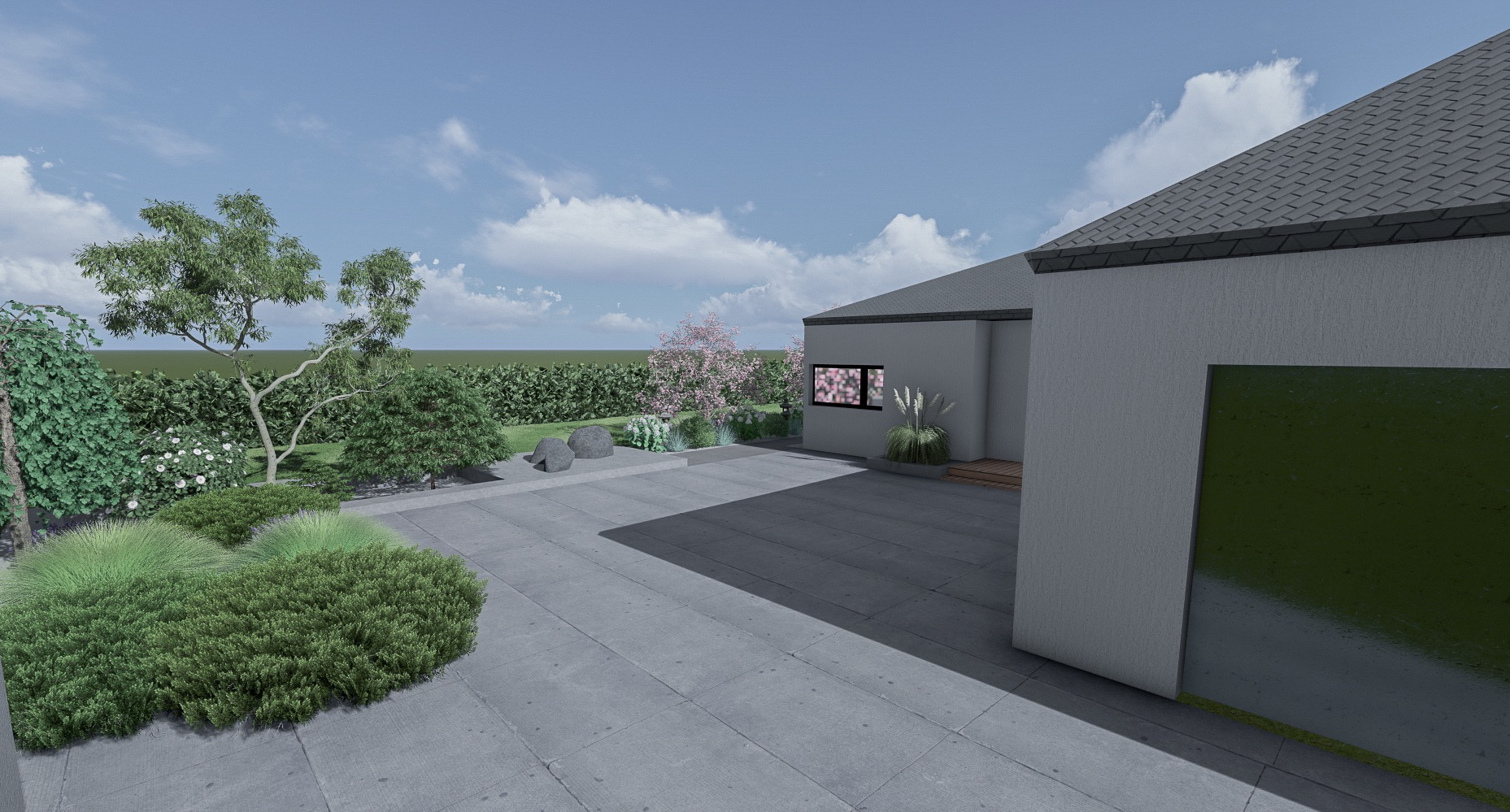 Wizualizacja zagospodarowania terenu wokół nowoczesnego domu w Bielsko-Białej, prezentująca nasadzenia krzewów i drzew, kamienne elementy dekoracyjne oraz utwardzony plac z betonowych płyt.