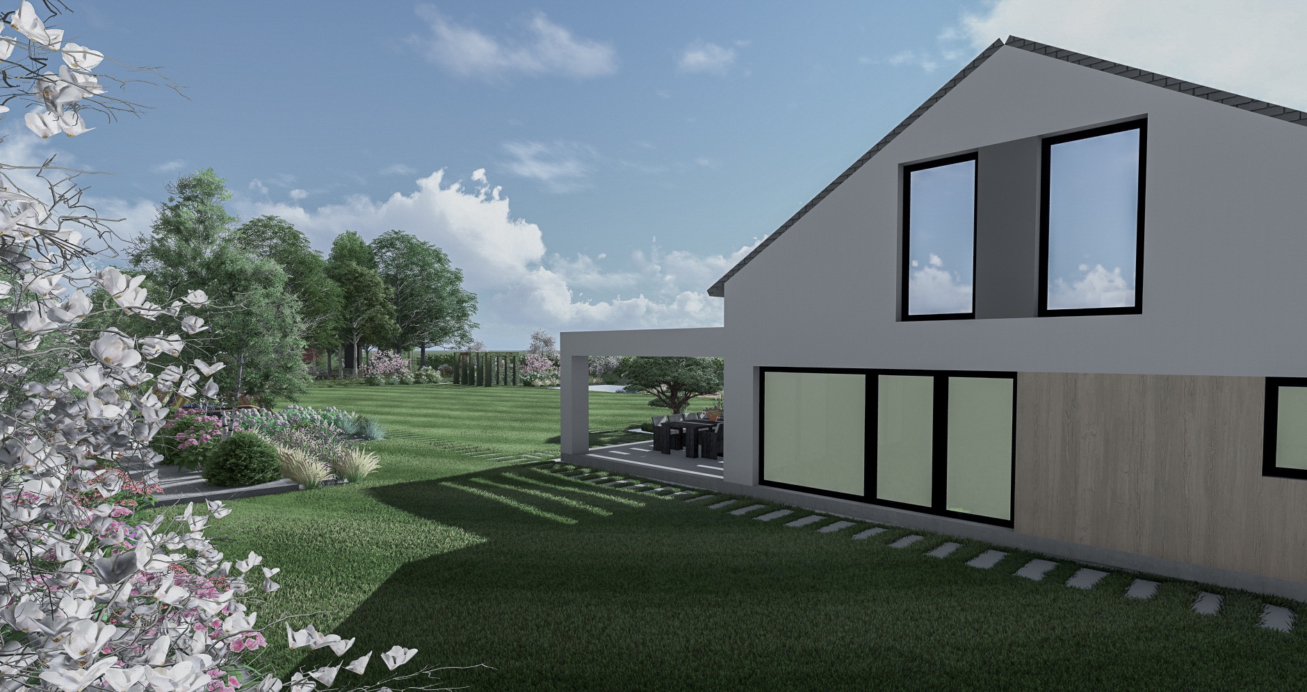 Wizualizacja ogrodu z nowoczesnym domem, ukazuje zadbany trawnik, rabaty kwiatowe i drzewa, z magnolią na pierwszym planie i patio z meblami ogrodowymi w tle.