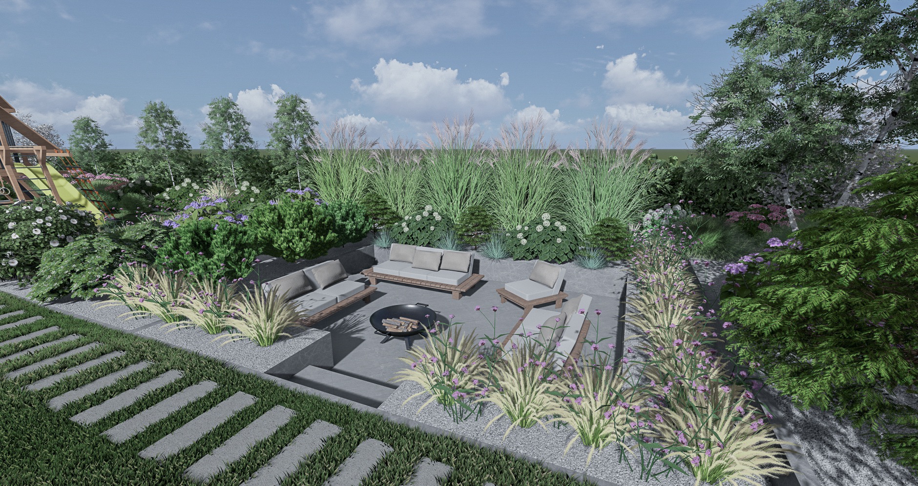 Wizualizacja ogrodu z paleniskiem otoczonym meblami wypoczynkowymi, z dekoracyjnymi trawami i ścieżką z płyt betonowych w trawie. W tle drzewa i krzewy.