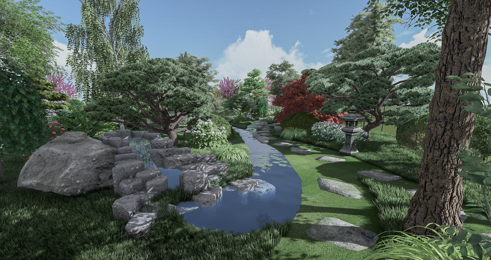 Wizualizacja ogrodu w stylu japońskim z kamiennym strumieniem, wodospadem, latarnią i różnorodną roślinnością, w tym drzewami, krzewami i trawami.