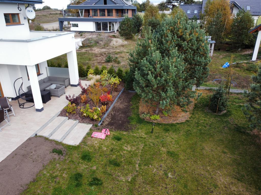 Widok z góry na nowoczesny dom z białą elewacją, tarasem z szarymi meblami ogrodowymi, schodami z jasnych płyt i rabatą z kolorowymi roślinami jesiennymi, z dużym drzewem iglastym na trawniku.