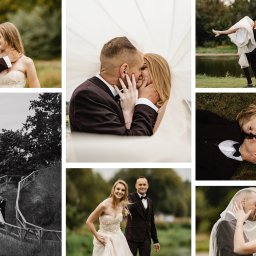 Urbanek Foto & Video Karol Urbanek - Kolaż z sesji ślubnej: para w objęciach na tle zieleni, pocałunek pod welonem, taniec na trawie, czarno-białe ujęcie na schodach, uśmiechnięci narzeczeni.