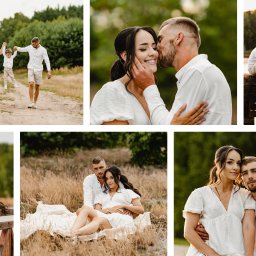 Urbanek Foto & Video Karol Urbanek - Kolaż zdjęć rodziny w plenerze: spacer po polnej drodze, czułe zbliżenia pary na tle zieleni i jeziora, sesja na kocu w trawie. Ubrania w odcieniach bieli.