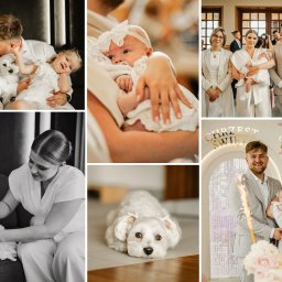 Urbanek Foto & Video Karol Urbanek - Kolaż z uroczystości chrztu: rodzina z dziećmi w bieli, portret niemowlęcia, pies leżący na podłodze, tort ze świeczkami.