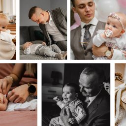 Urbanek Foto & Video Karol Urbanek - Kolaż zdjęć z uroczystości chrztu: rodzice z dzieckiem, dziadek z wnukiem, detale dekoracji. Różne ujęcia i perspektywy, uchwycone emocje i ważne momenty.