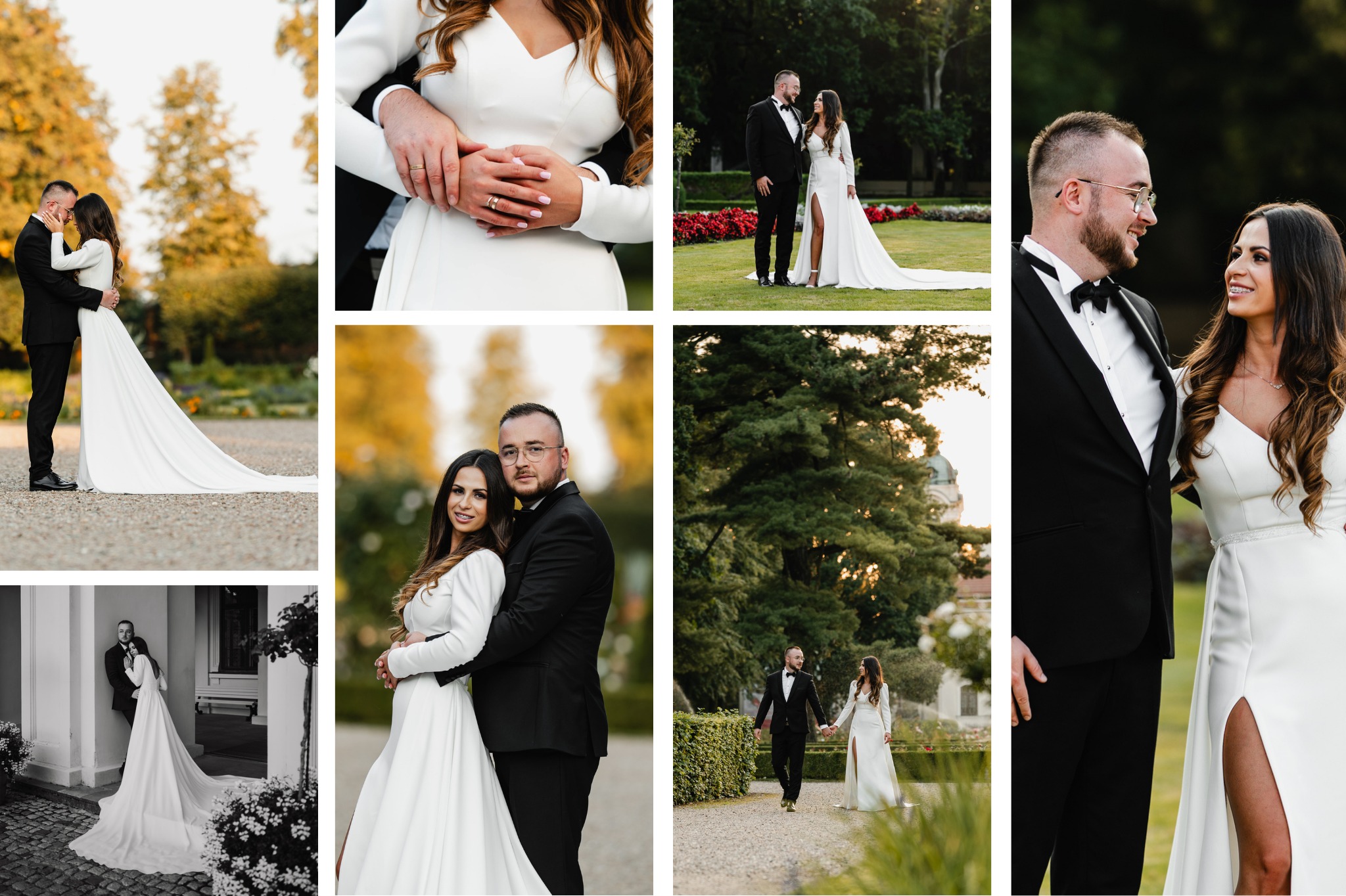 Kolaż z sesji ślubnej: para w eleganckich strojach pozuje w plenerze, zbliżenie dłoni z obrączkami, ujęcia w parku i przy budynku. Suknia z długim trenem i rozcięciem.