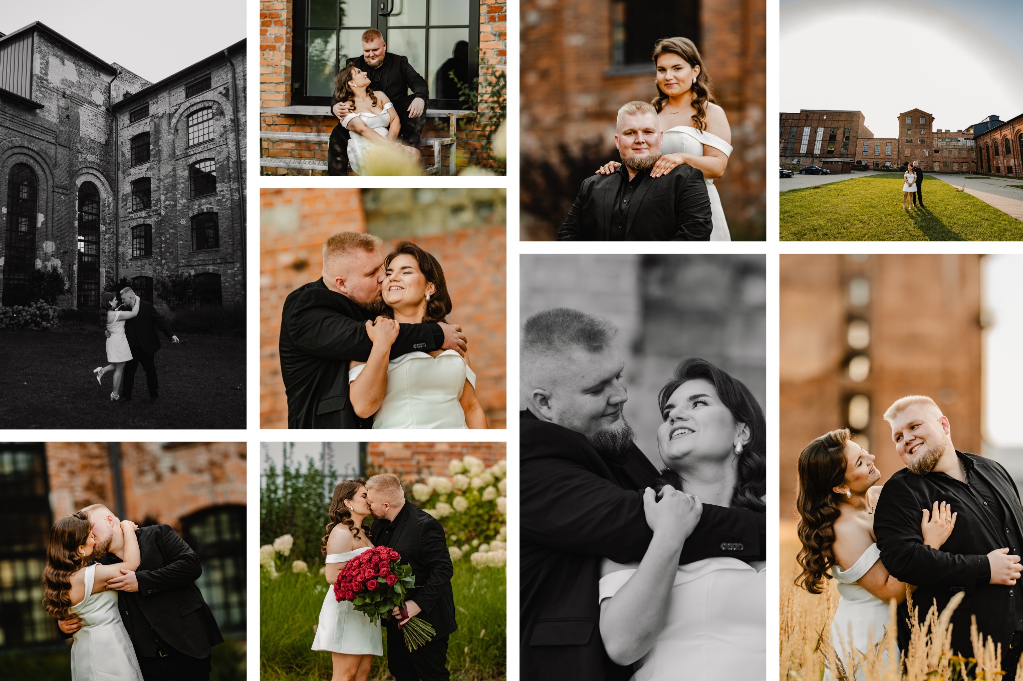 Kolaż zdjęć zakochanej pary w plenerze: pocałunki, uśmiechy, ceglane budynki w tle, bukiet czerwonych róż. Sesja plenerowa w industrialnym klimacie.