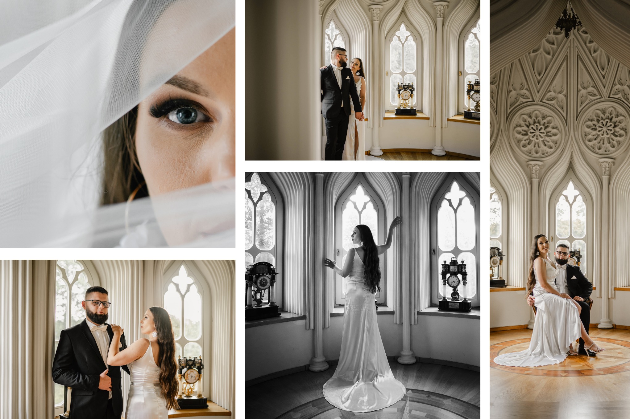 Kolaż z sesji ślubnej w gotyckim wnętrzu: zbliżenie oka panny młodej przez welon, para przy oknie i czarno-białe ujęcie panny młodej w sukni.