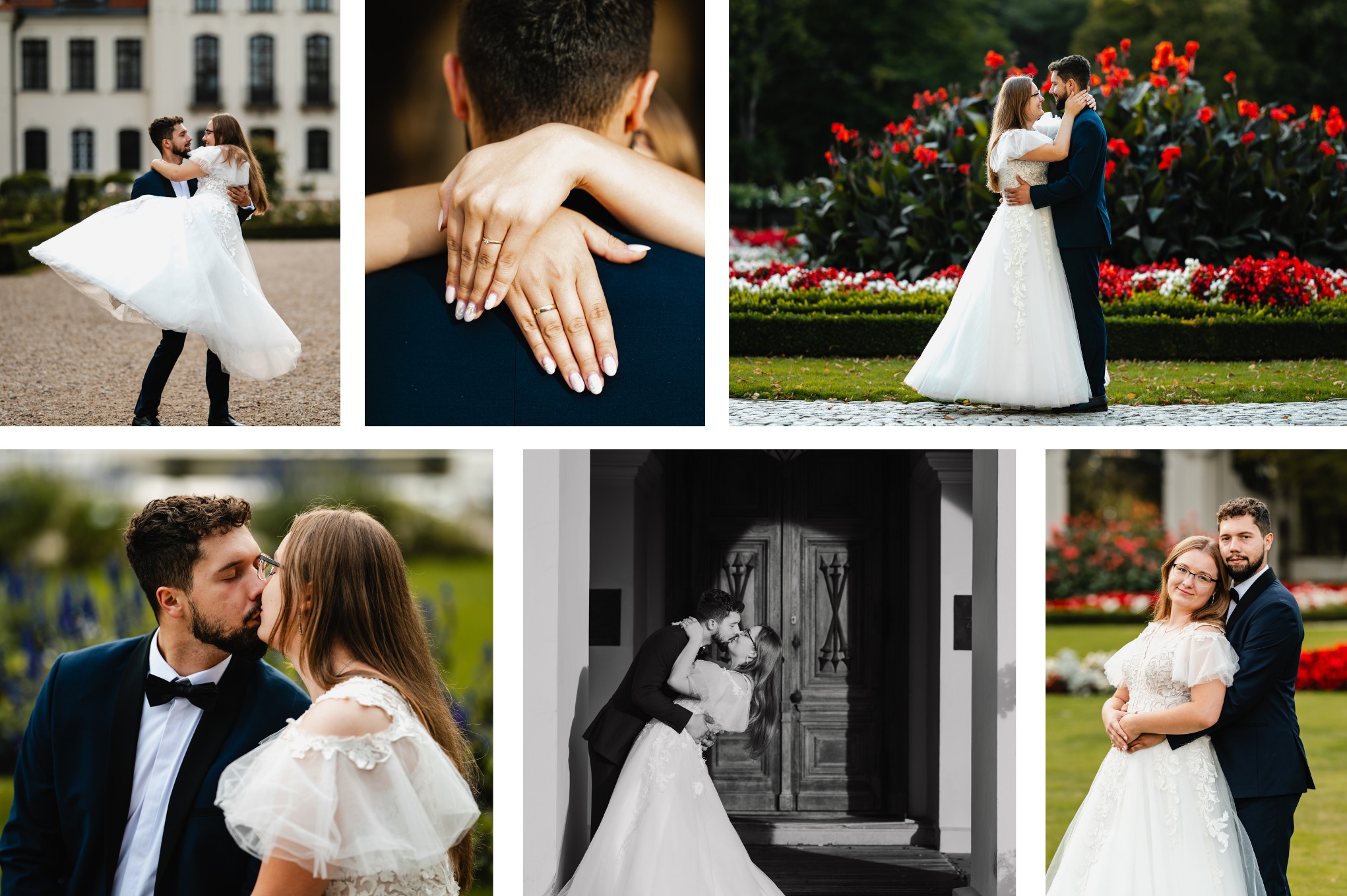 Kolaż z sesji ślubnej: para w objęciach na tle zieleni, detale dłoni z obrączkami, pocałunek w plenerze i czarno-białe ujęcie przed zabytkowymi drzwiami.