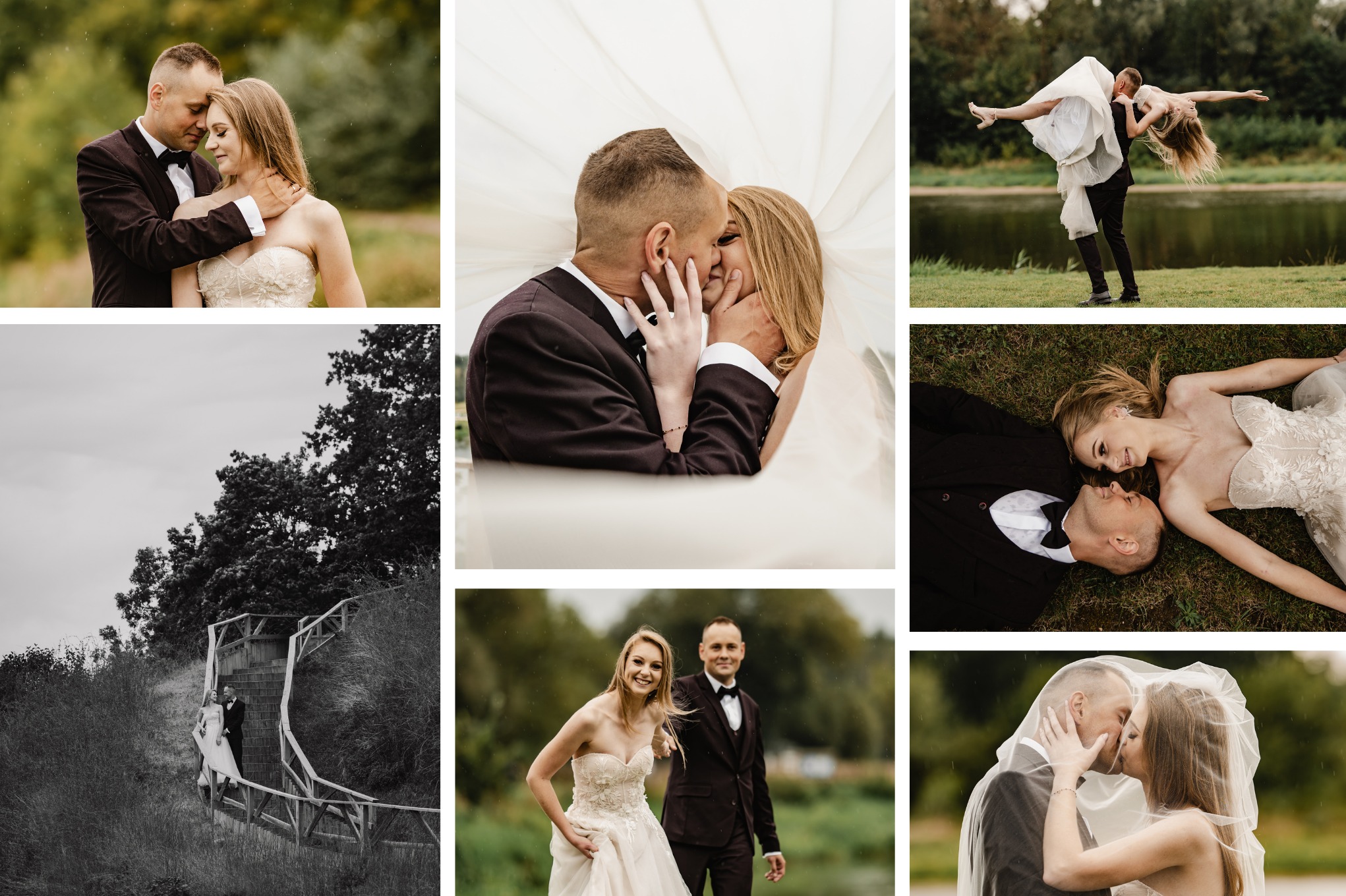Kolaż z sesji ślubnej: para w objęciach na tle zieleni, pocałunek pod welonem, taniec na trawie, czarno-białe ujęcie na schodach, uśmiechnięci narzeczeni.
