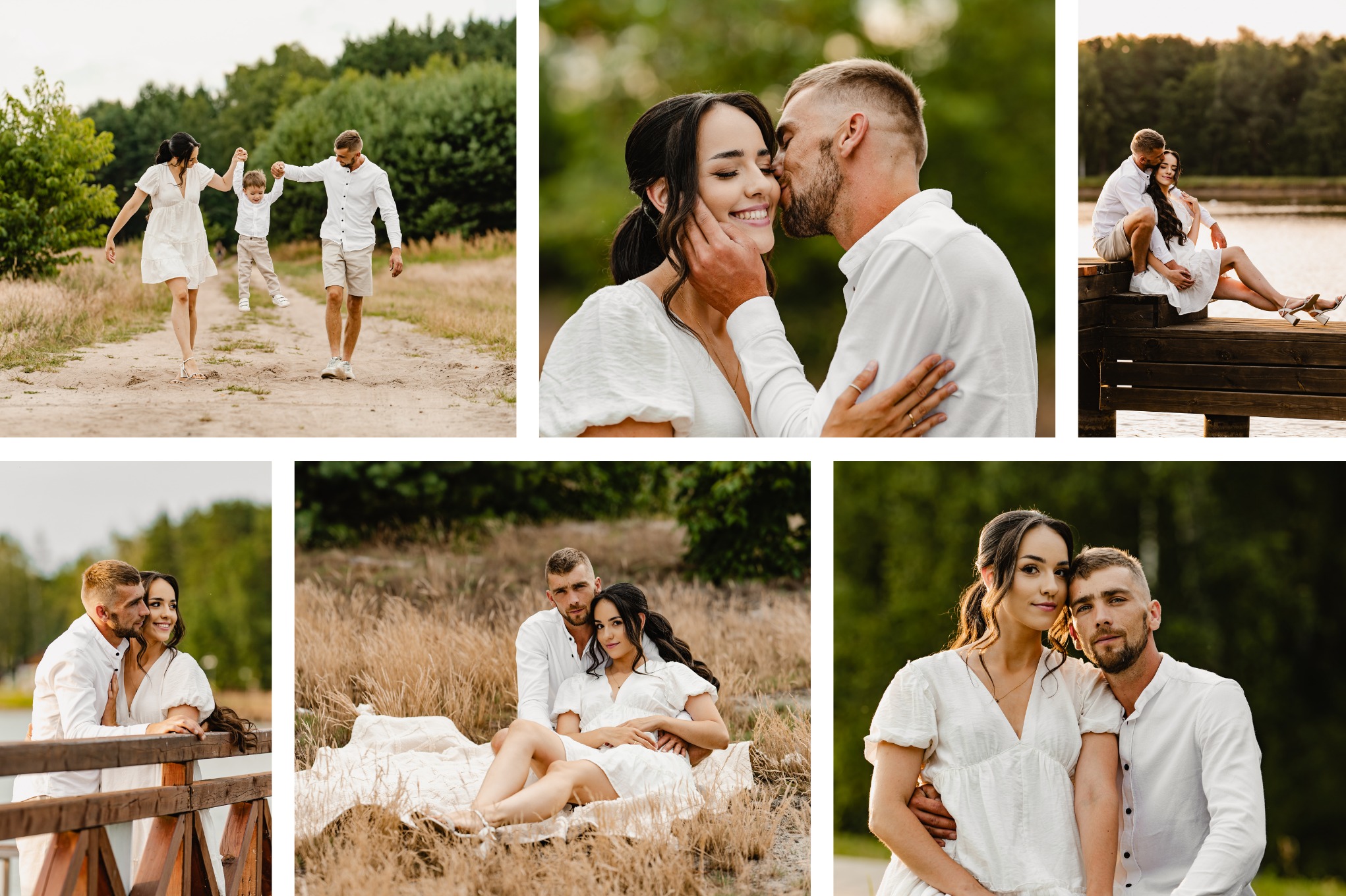 Kolaż zdjęć rodziny w plenerze: spacer po polnej drodze, czułe zbliżenia pary na tle zieleni i jeziora, sesja na kocu w trawie. Ubrania w odcieniach bieli.