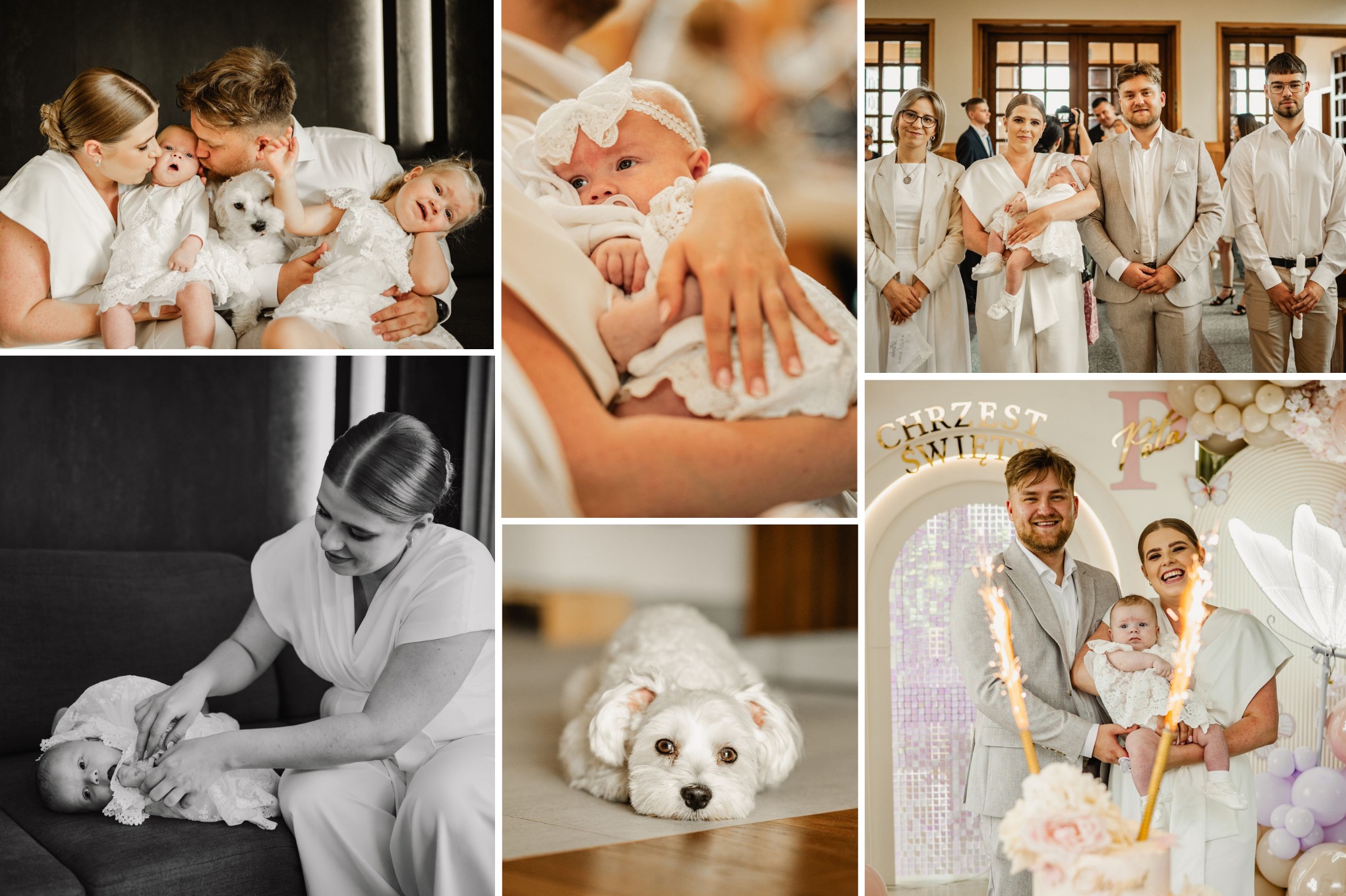Kolaż z uroczystości chrztu: rodzina z dziećmi w bieli, portret niemowlęcia, pies leżący na podłodze, tort ze świeczkami.