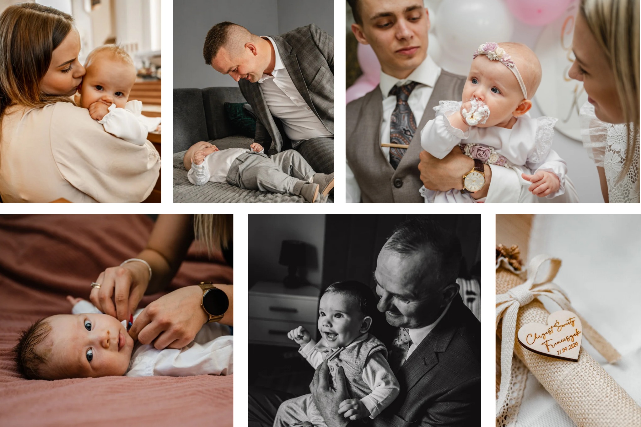 Kolaż zdjęć z uroczystości chrztu: rodzice z dzieckiem, dziadek z wnukiem, detale dekoracji. Różne ujęcia i perspektywy, uchwycone emocje i ważne momenty.