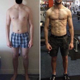 Maciej Kierzk Trener Personalny - Mężczyzna przed i po treningu: widoczna różnica w budowie ciała, zarysowane mięśnie brzucha i klatki piersiowej po prawej stronie, na tle siłowni.