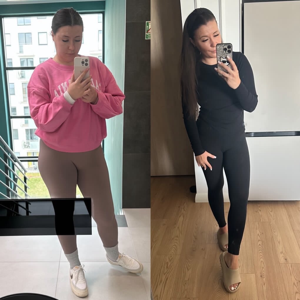 Kobieta w różowej bluzie i legginsach oraz kobieta w czarnym stroju sportowym prezentują efekty treningu, widoczne porównanie sylwetki przed i po.