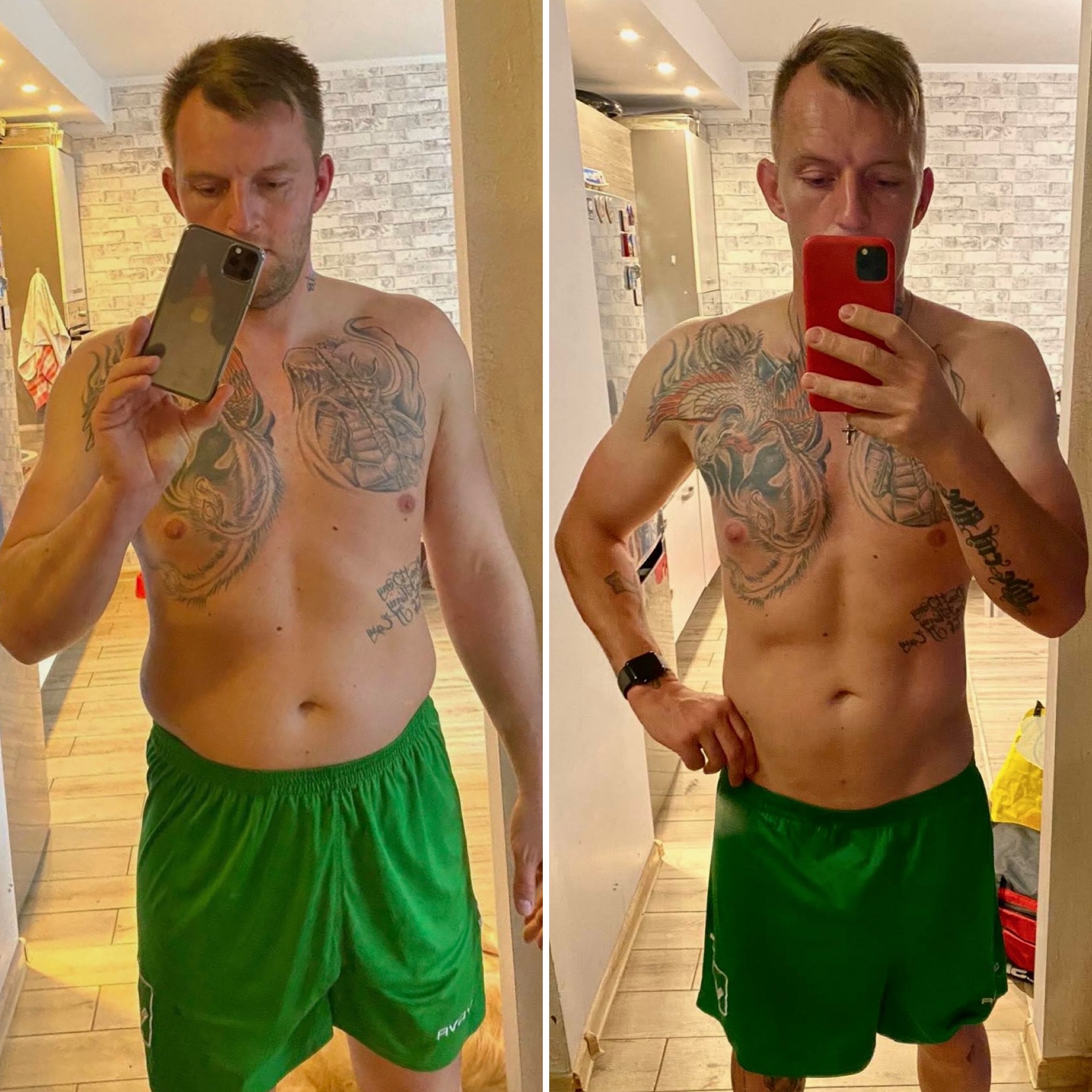 Mężczyzna w zielonych spodenkach prezentuje transformację sylwetki, porównanie 'przed' i 'po' z widocznymi tatuażami na klatce piersiowej, robiąc selfie telefonem.
