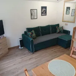 Jasne wnętrze pokoju z zieloną sofą narożną z poduszkami w tropikalne wzory, drewnianą podłogą, telewizorem na komodzie, drewnianym stolikiem i lustrem w złotej ramie na ścianie.