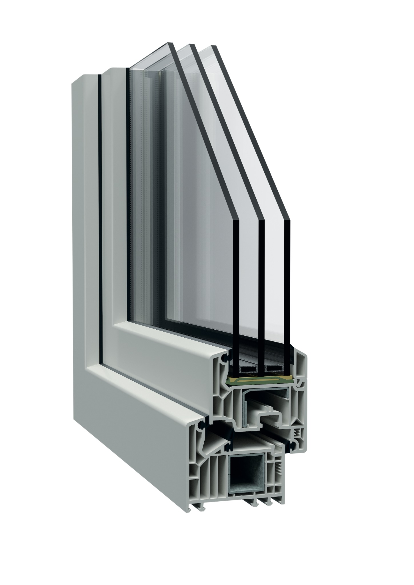Przekrój poprzeczny okna trzyszybowego z ramą z tworzywa sztucznego, ukazujący szczegółową budowę profili i uszczelnień.