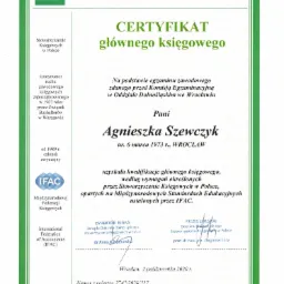 Skan certyfikatu głównego księgowego Stowarzyszenia Księgowych w Polsce, wydany dla Agnieszki Szewczyk we Wrocławiu, 2 października 2020 r.