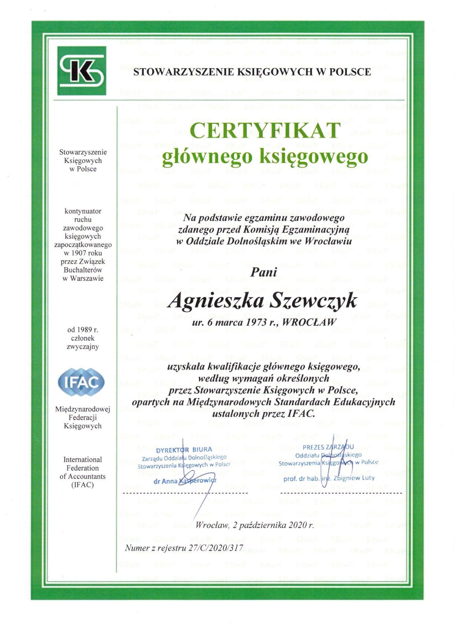 Skan certyfikatu głównego księgowego Stowarzyszenia Księgowych w Polsce, wydany dla Agnieszki Szewczyk we Wrocławiu, 2 października 2020 r.