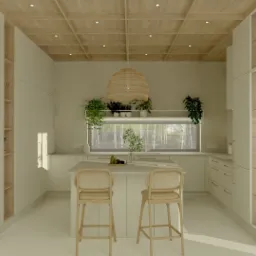 Jasna kuchnia z wyspą i drewnianymi hokerami. Nad wyspą wisi pleciona lampa. Za oknem widok na las. Minimalistyczny design z roślinami.