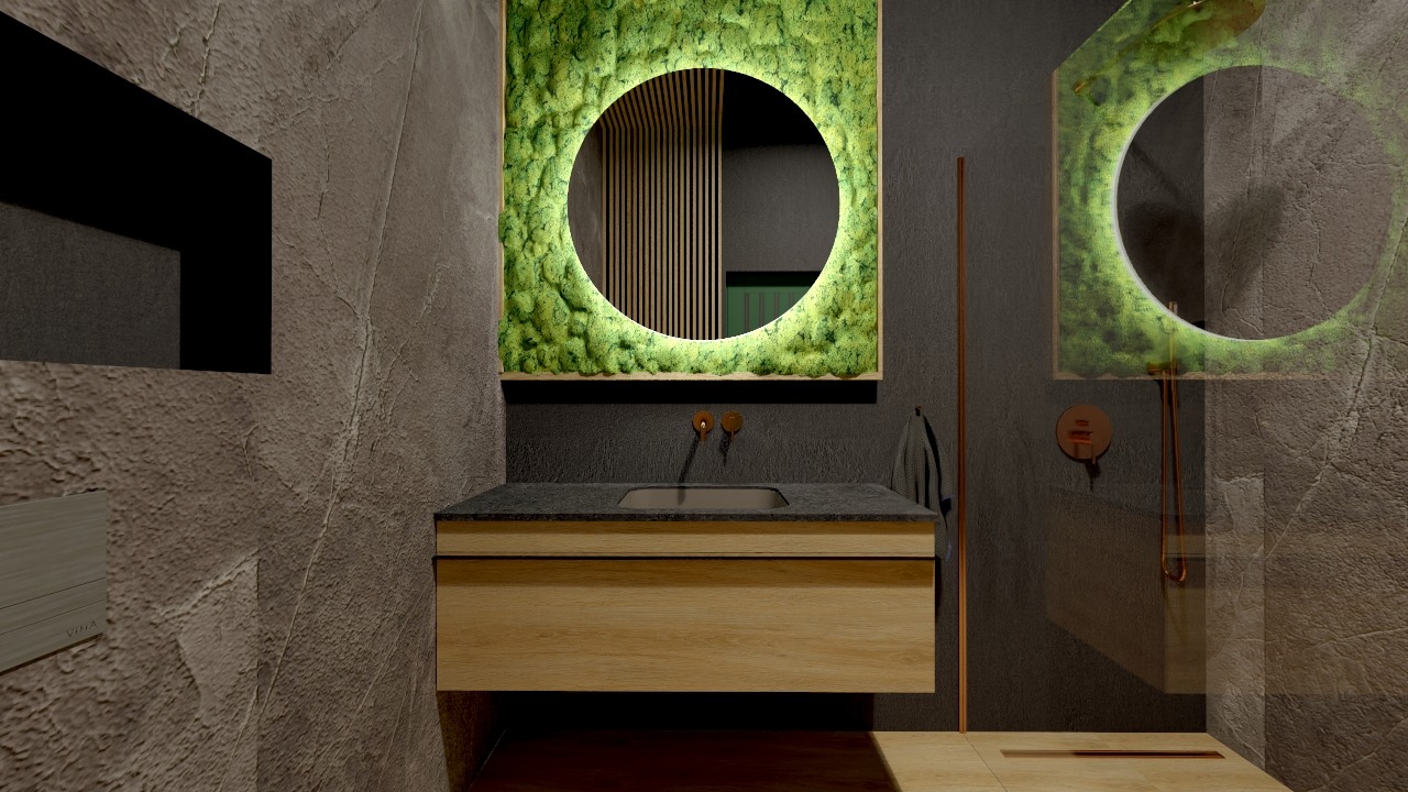 Nowoczesna łazienka z umywalką na drewnianej szafce, okrągłym lustrem otoczonym mchem i szarą, teksturowaną ścianą.