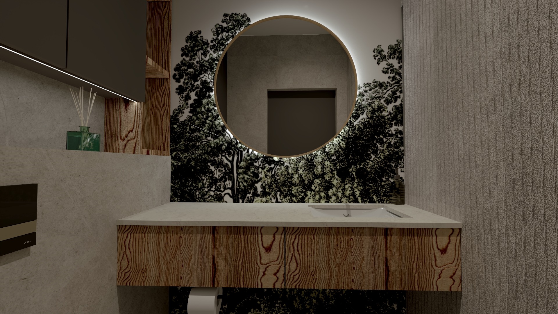 Nowoczesna łazienka z okrągłym lustrem podświetlanym LED, szafką pod umywalkę z drewnianym frontem i tapetą w motywie leśnym.