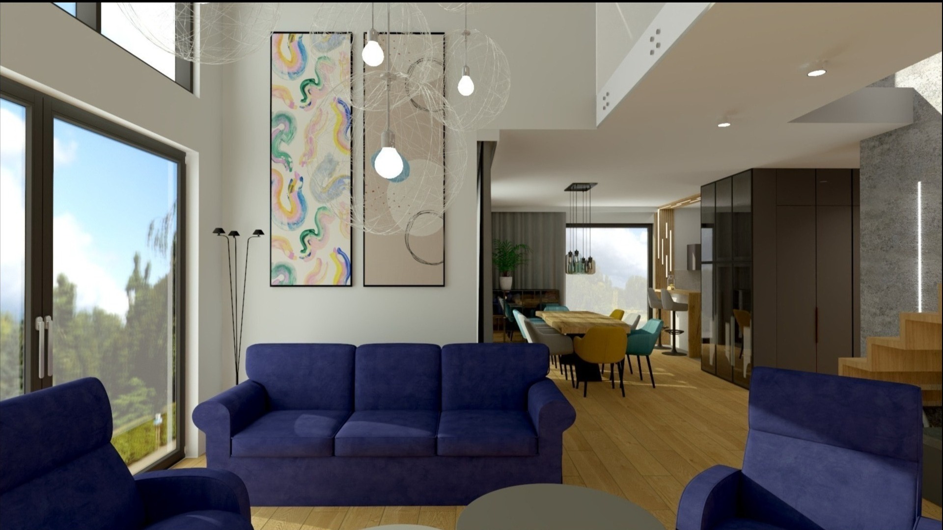 Wizualizacja wnętrza domu z otwartą przestrzenią: salon z sofą w odcieniach granatu, jadalnia z drewnianym stołem i kolorowymi krzesłami, minimalistyczne lampy wiszące, wysokie okna z widokiem...