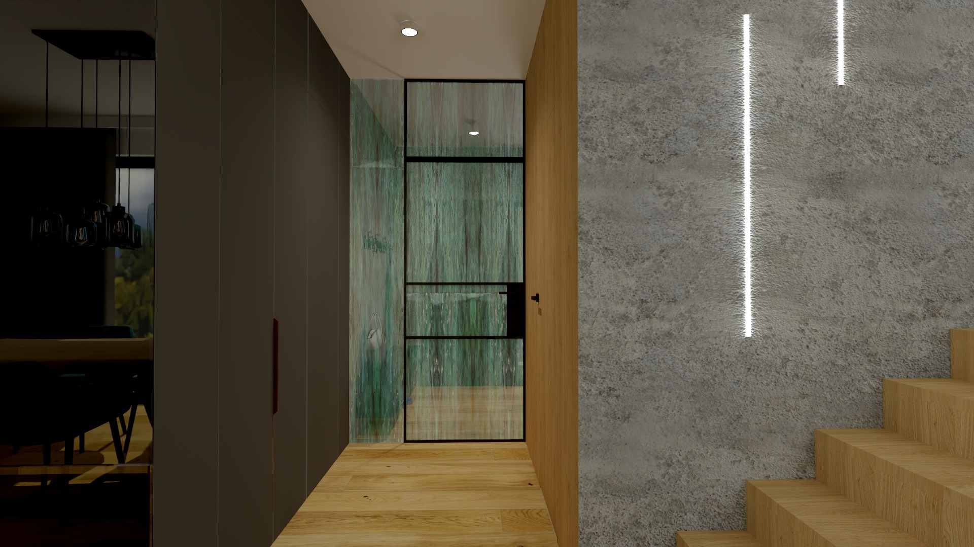 Nowoczesne wnętrze z drewnianymi schodami, betonową ścianą z pionowymi paskami światła i szklanymi drzwiami z czarną ramą.