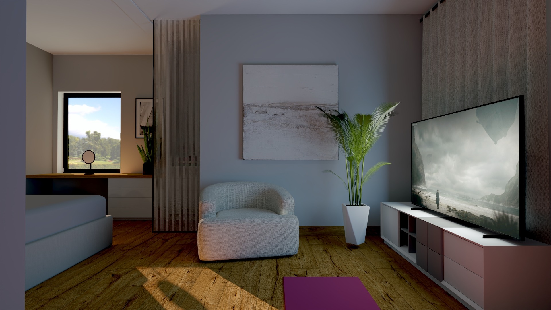 Wizualizacja sypialni z drewnianą podłogą, jasnoszarym fotelem, obrazem na ścianie i telewizorem wyświetlającym krajobraz, roślina w białej donicy.