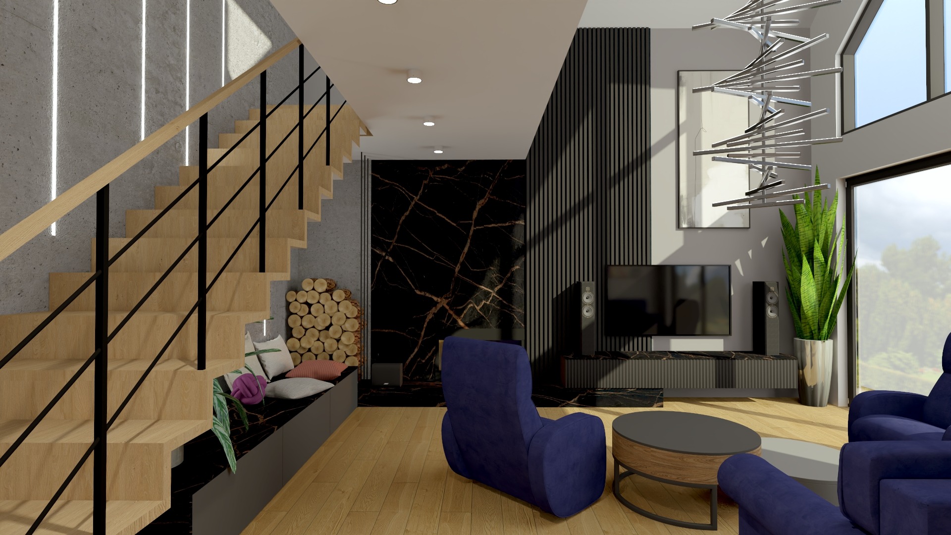 Wizualizacja salonu z drewnianymi schodami, marmurową ścianą z kominkiem, niebieskimi fotelami i nowoczesnym oświetleniem wiszącym.