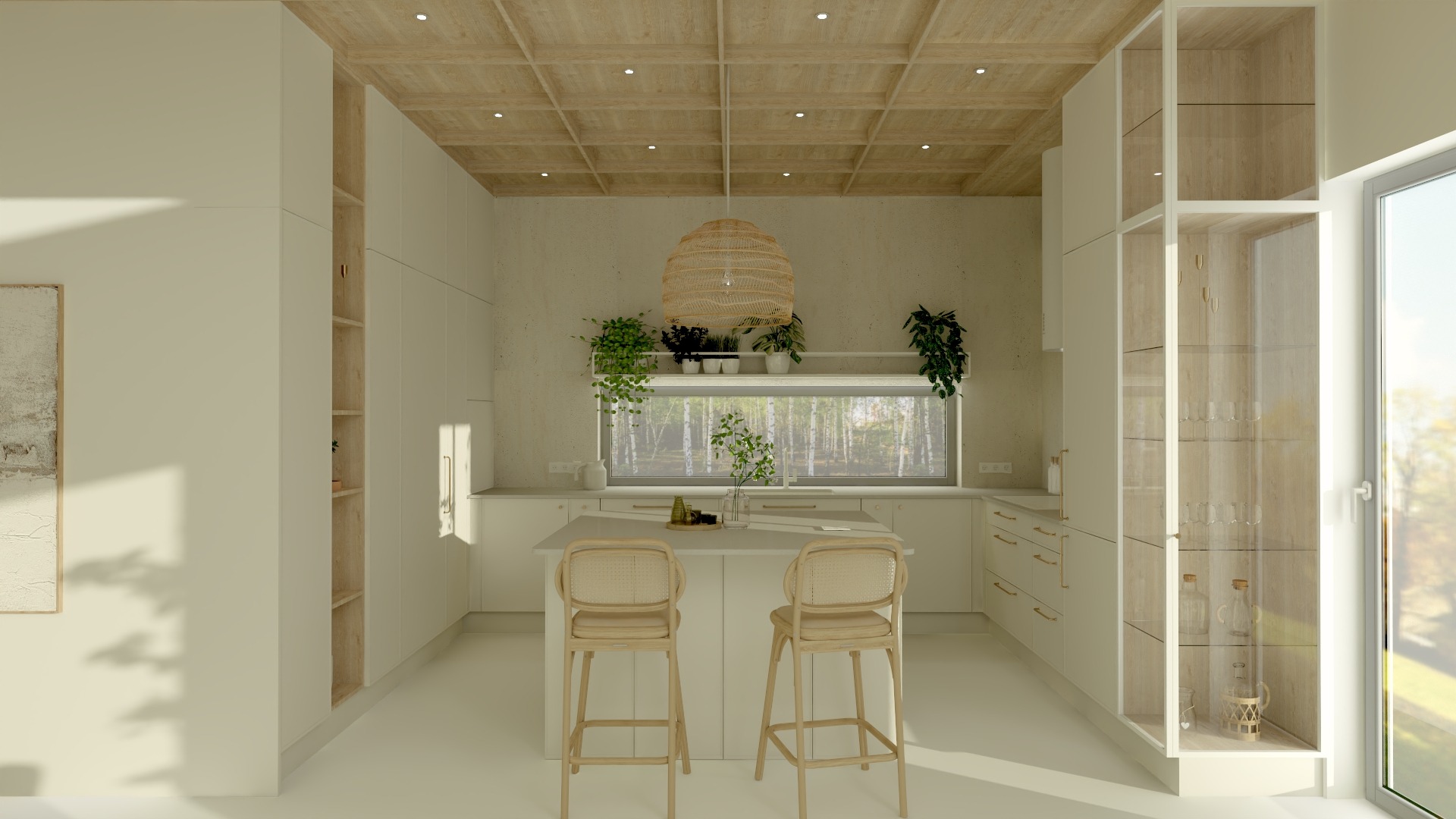 Jasna kuchnia z wyspą i drewnianymi hokerami. Nad wyspą wisi pleciona lampa. Za oknem widok na las. Minimalistyczny design z roślinami.