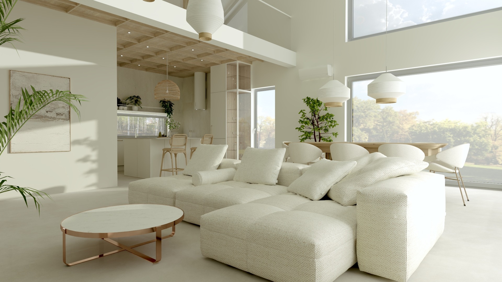 Jasne, przestronne wnętrze z sofą modułową i okrągłym stolikiem. W tle widoczna kuchnia z wyspą i krzesłami barowymi. Duże okna wpuszczają naturalne światło.