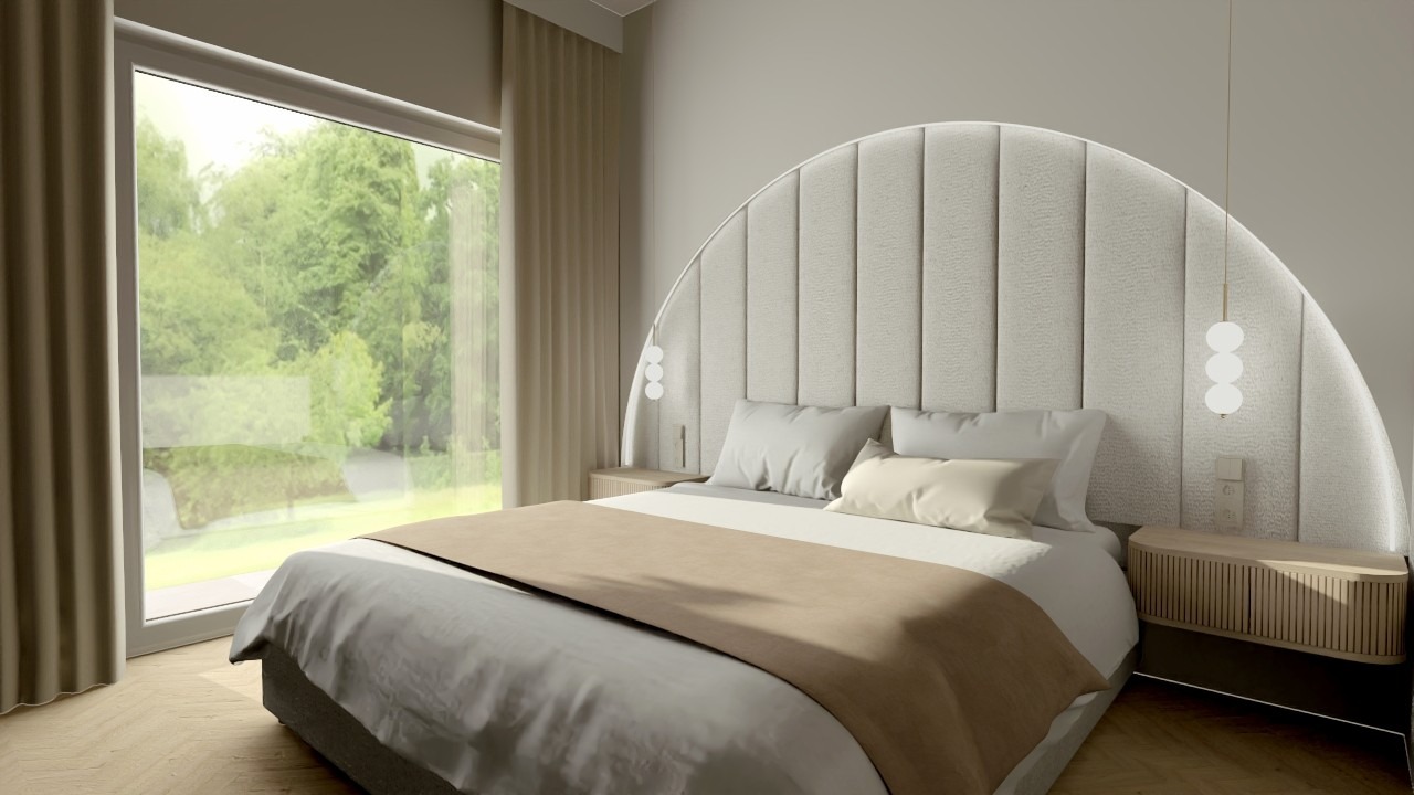 Jasna sypialnia z łóżkiem i oknem na ogród. Wezgłowie w kształcie łuku, lampy wiszące. Drewniana podłoga i szafki nocne. Stonowana kolorystyka.