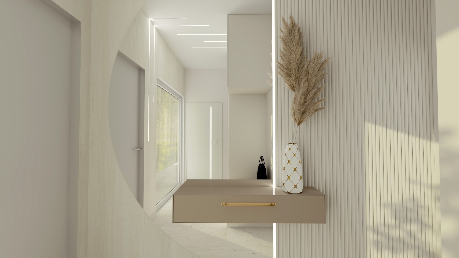 Nowoczesny przedpokój w neutralnych barwach z konsolą, wazonem z trawami i subtelnym oświetleniem LED.Minimalistyczny design, eleganckie wykończenie ścian z lamelami.