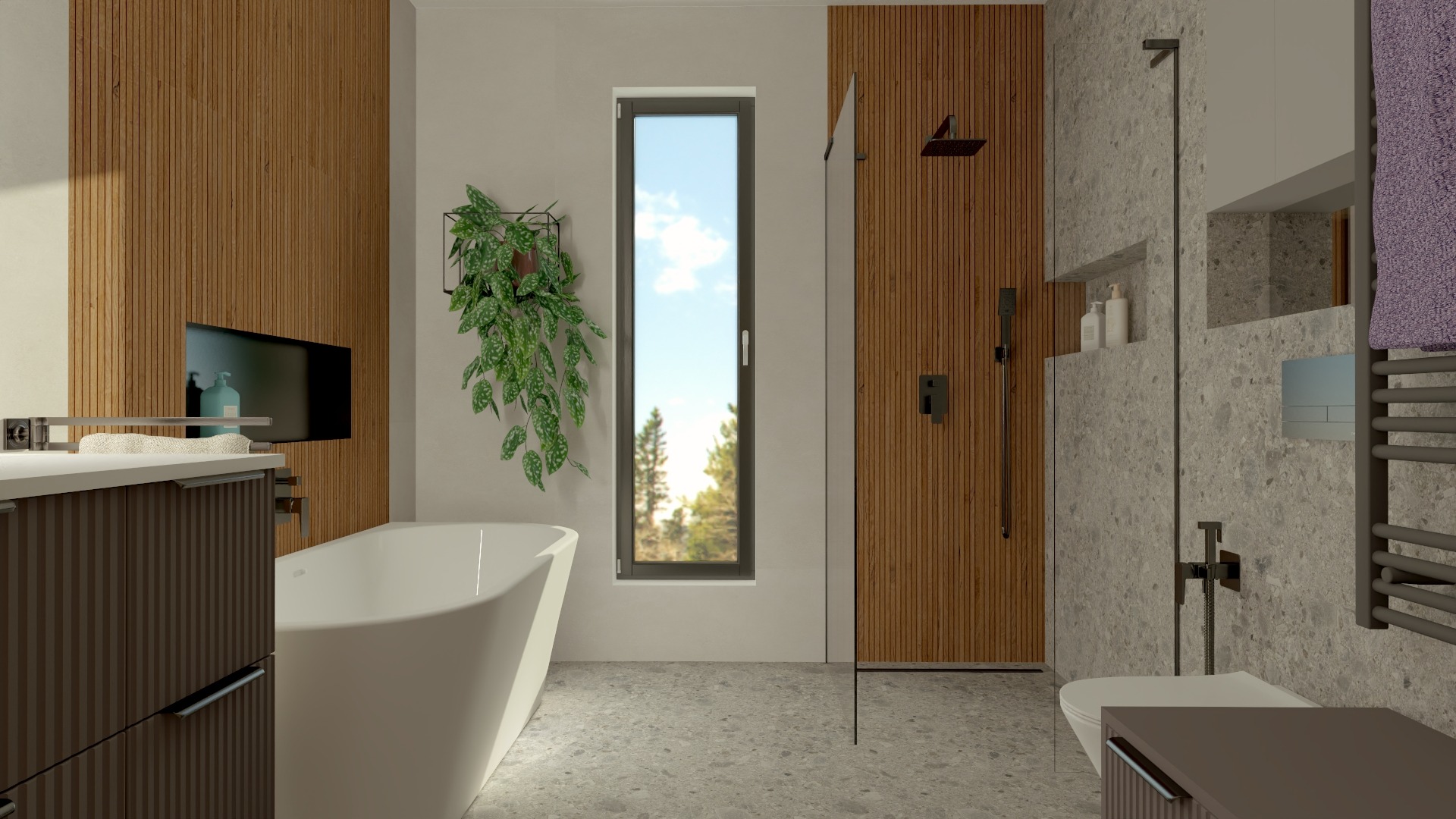 Nowoczesna łazienka z drewnianymi panelami, wolnostojącą wanną i rośliną doniczkową. Minimalistyczny design, szara podłoga i duża szyba prysznicowa.