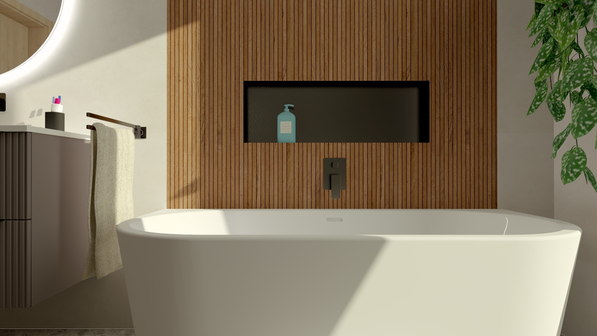 Nowoczesna łazienka z drewnianą ścianą, wnęką z kosmetykiem i białą wanną. Minimalistyczny design z rośliną i oświetlonym lustrem.