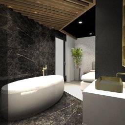 BAACH - Wizualizacja luksusowej łazienki z marmurowymi ścianami, wolnostojącą białą wanną, złotą armaturą i drewnianym sufitem z oświetleniem punktowym.