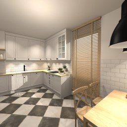 BAACH - Wizualizacja kuchni z białymi meblami, drewnianym blatem i czarno-białą szachownicą na podłodze, oświetlona wiszącą lampą w kształcie dwóch czarnych kloszy.