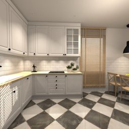 BAACH - Wizualizacja przestronnej kuchni z białymi szafkami, drewnianym blatem, czarną armaturą i podłogą w szachownicę, oświetlona wiszącymi lampami.