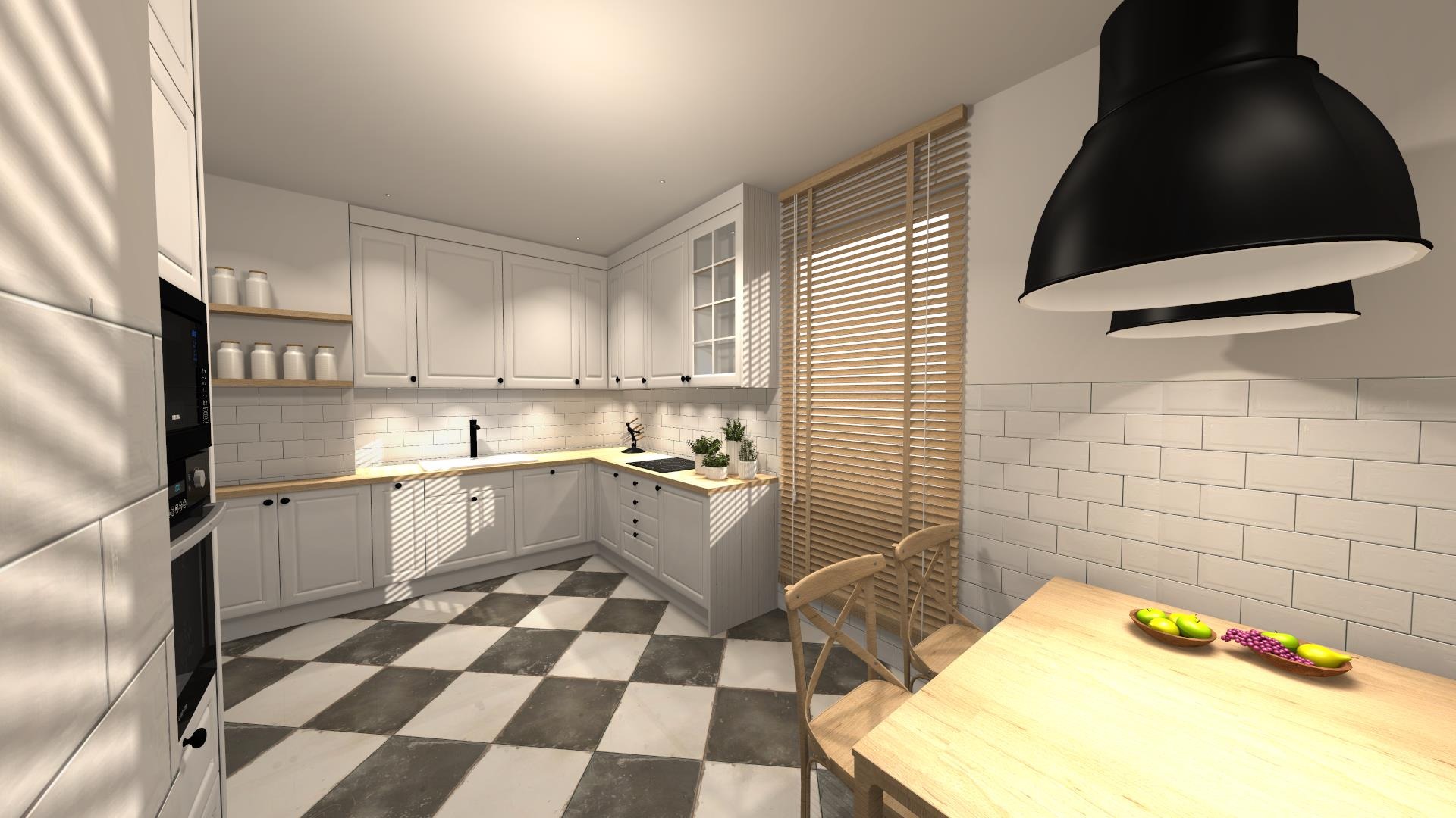 Wizualizacja kuchni z białymi meblami, drewnianym blatem i czarno-białą szachownicą na podłodze, oświetlona wiszącą lampą w kształcie dwóch czarnych kloszy.