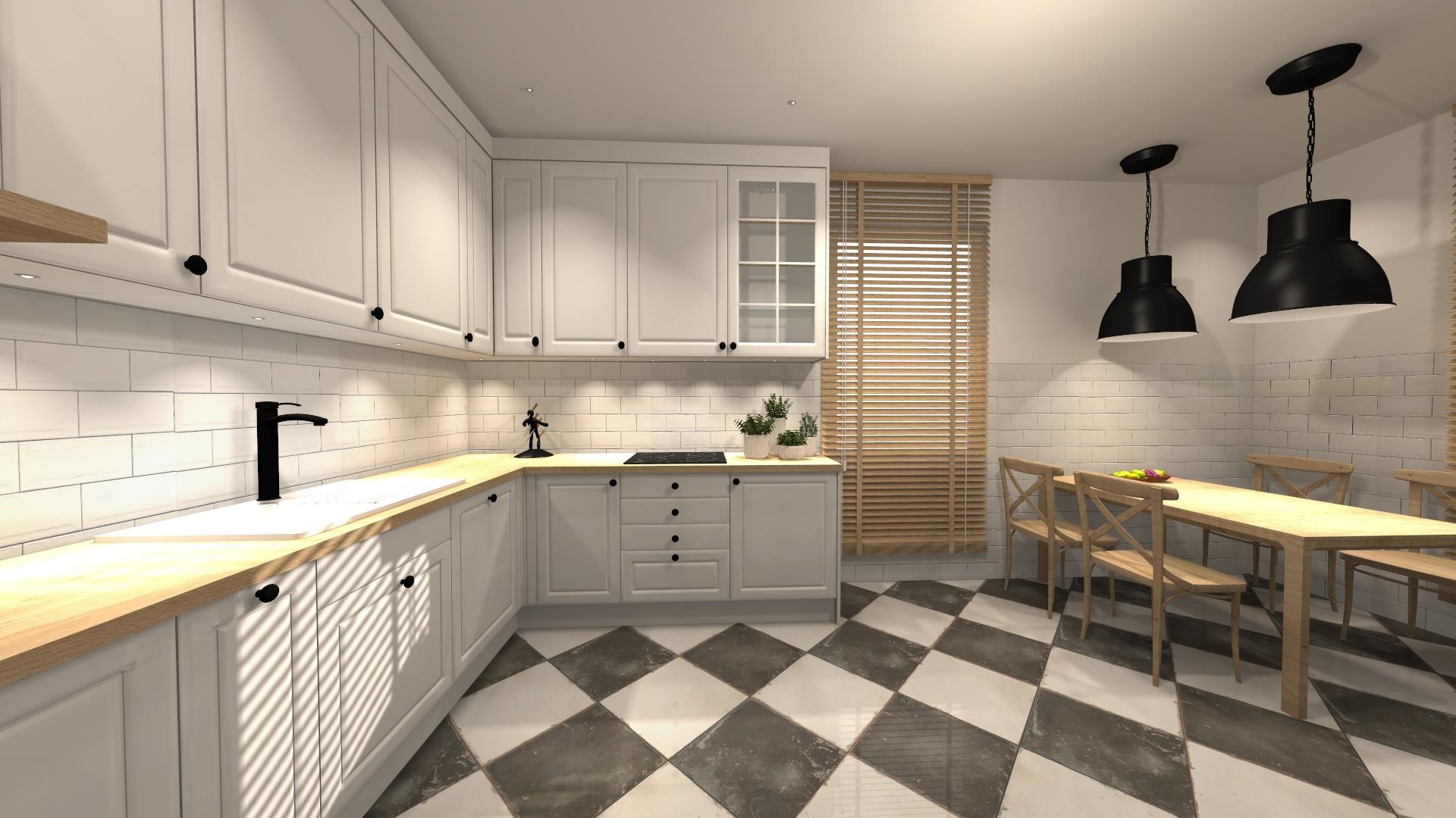 Wizualizacja przestronnej kuchni z białymi szafkami, drewnianym blatem, czarną armaturą i podłogą w szachownicę, oświetlona wiszącymi lampami.
