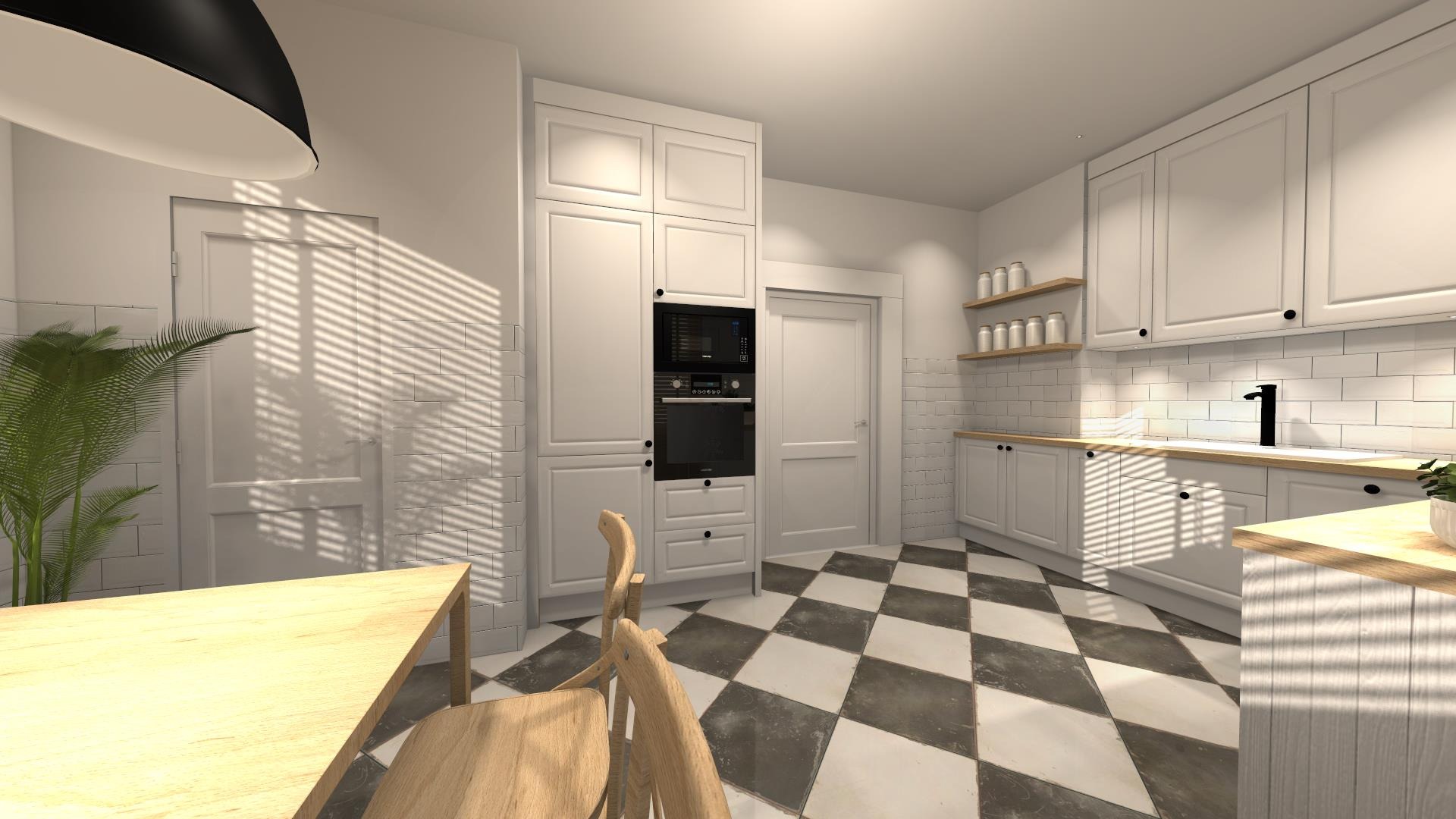 Wizualizacja kuchni z białymi meblami w stylu klasycznym, czarno-biała szachownica na podłodze, drewniany stół i krzesła, oraz duża lampa wisząca