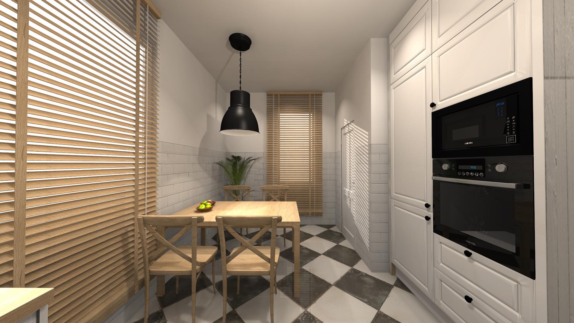 Wizualizacja kuchni z drewnianym stołem i krzesłami, czarno-białą podłogą w szachownicę, białymi szafkami z wbudowanym piekarnikiem i mikrofalówką oraz drewnianymi żaluzjami w oknie.