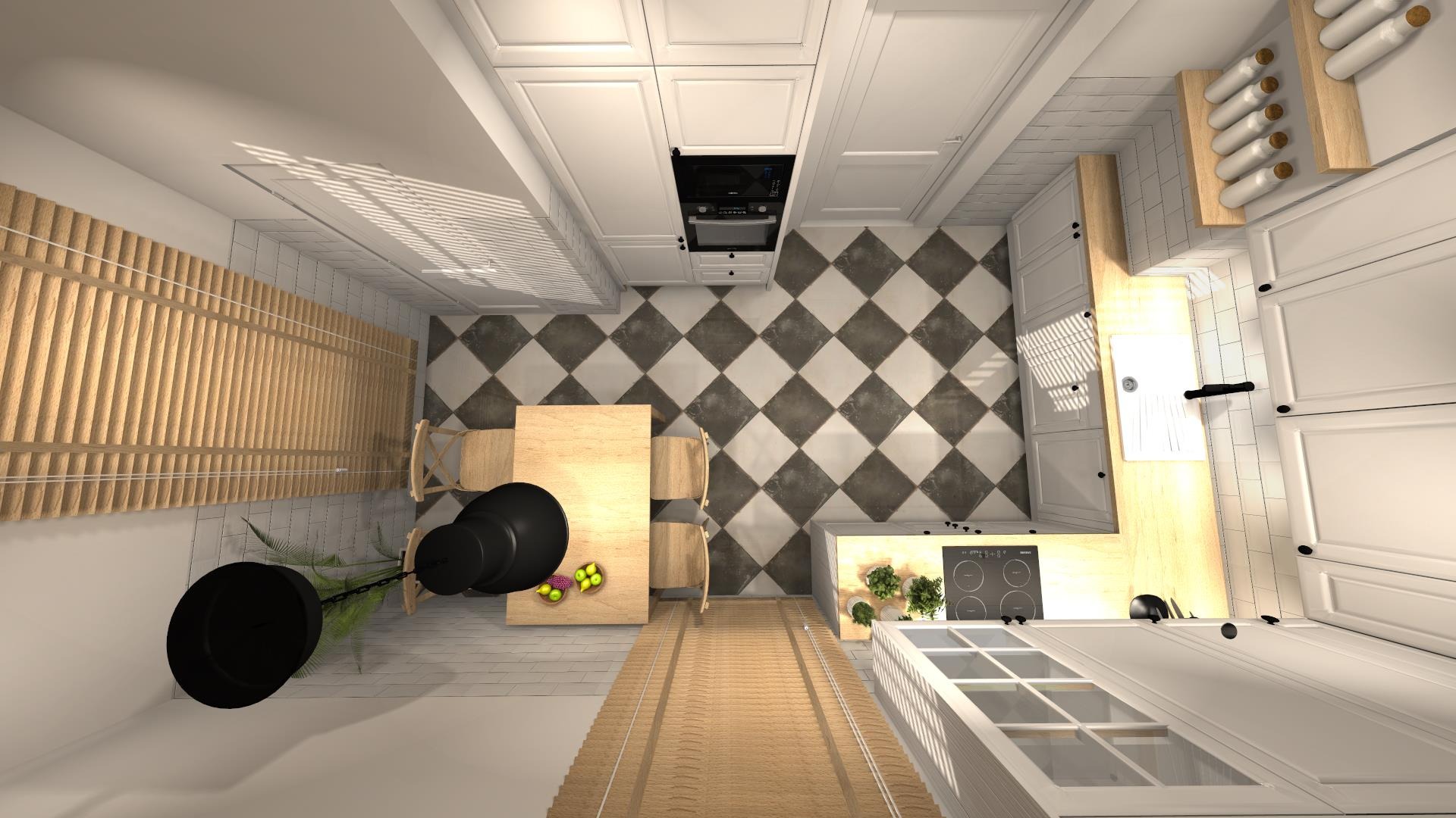 Wizualizacja z góry kuchni z białymi szafkami, blatem z jasnego drewna, czarno-białą podłogą w szachownicę i drewnianymi żaluzjami.