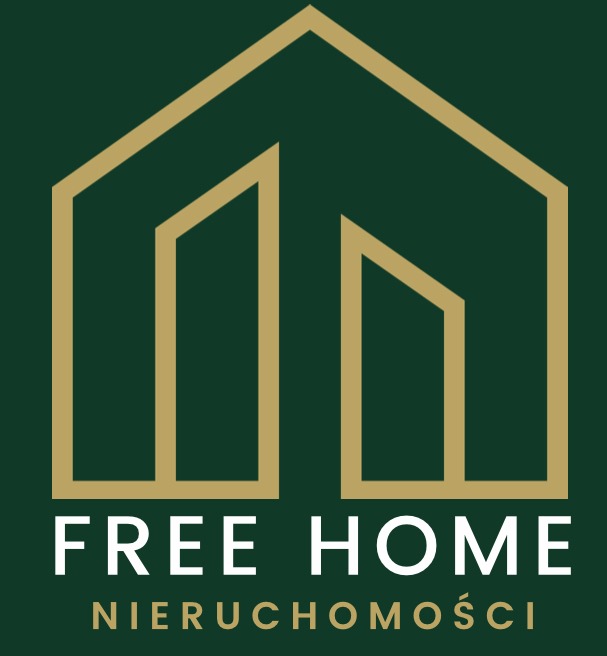 Logo firmy Free Home Nieruchomości: abstrakcyjny zarys domu w kolorze złotym na ciemnozielonym tle.