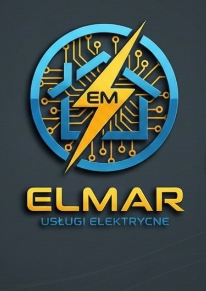 Logo firmy Elmar Usługi Elektryczne: niebieski obwód z symbolem domu i obwodu elektrycznego, przecięty żółtym piorunem z inicjałami EM. Nazwa firmy poniżej.