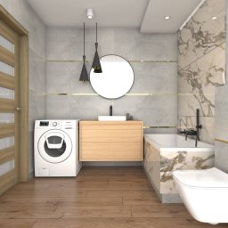Usług budowlanych / praca/ wykończenia / itd - Nowoczesna łazienka z drewnianymi akcentami, marmurowymi płytkami, okrągłym lustrem, wiszącymi lampami i pralką.