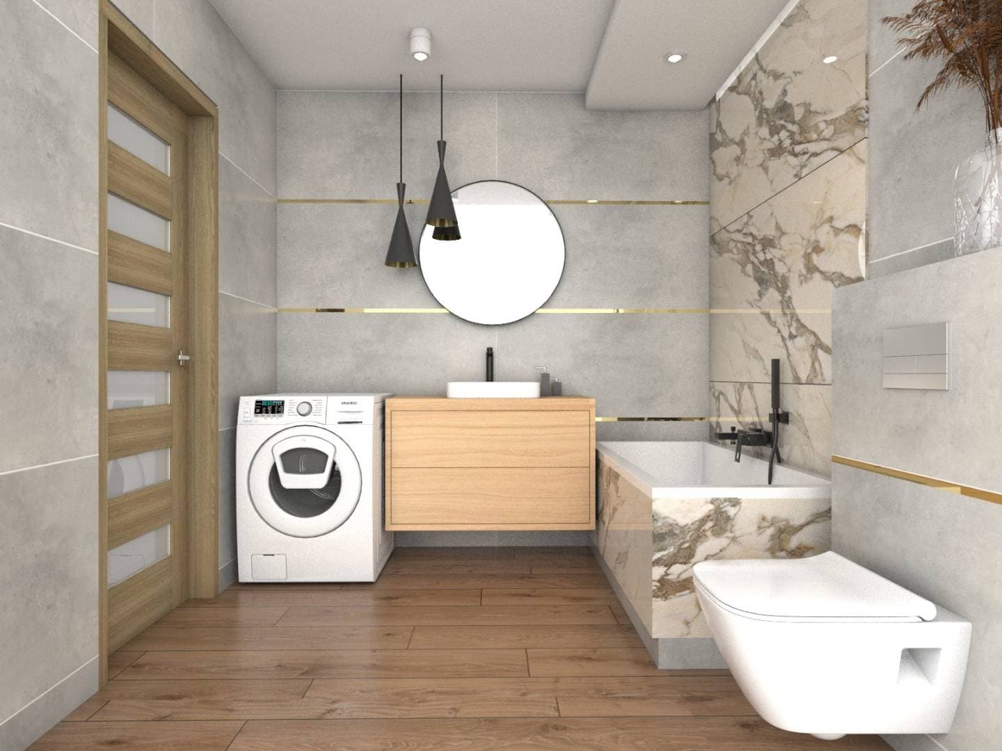 Nowoczesna łazienka z drewnianymi akcentami, marmurowymi płytkami, okrągłym lustrem, wiszącymi lampami i pralką.
