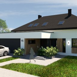 Zuzanna Dembowa - Wizualizacja nowoczesnego, parterowego domu z ciemnym dachem i garażem, numer domu 15, biały samochód na podjeździe, symulacja osoby przed wejściem.